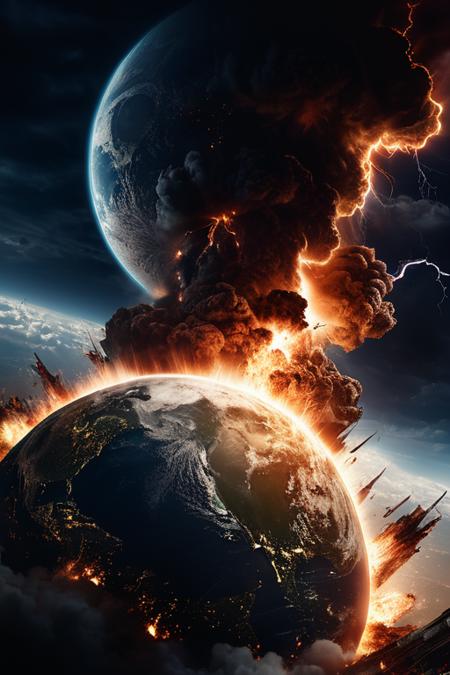An Armageddon, earth colapse with moon, explode, destroy everything, lightning, sky background, super detail <lora:xl_more_art-full_v1:0.5>