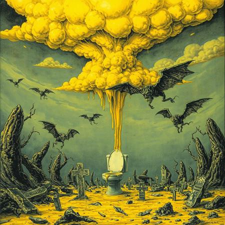 A doom metal album cover with a urine theme, a yellow hellish landscape floating with yellow ooze and wet demons flying over a toilet-graveyard, yellow sulphur clouds in the top, no logo, garbagepailkids-vibe