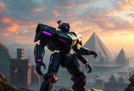An epic concept art digital painting, influenced by the meticulous detail of Greg Rutkowski and the dramatic flair of Gaston Bussiere, depicting the Sari of the Silverwing Axe robot. It stands in a dynamic action pose before the sprawling, ancient architecture of a Triamid Fortress, under a sky of harmonious, multi-colored hues. The robot, rendered with stunning colors – a predominantly black body adorned with vibrant red and purple accents on its chassis, arms, and legs – showcases a black and red head with a piercing purple visor, a camera mounted atop, gazing out with intentional focus. Every element is handcrafted with precision, with sharp lines and bold brush strokes that give it a sense of immense strength and resilience, as if a legendary artifact despite being a toy, radiating a powerful message of meritocracy. This intricately detailed masterpiece, trending on Artstation and CGSociety, presents an impeccable composition from a creative angle, imbued with a grim yet sparkling atmosphere and captivating lighting, achieving contemporary aesthetics with a very detailed, vibrant color palette, reflecting the essence of 35 documentaries on heroism.