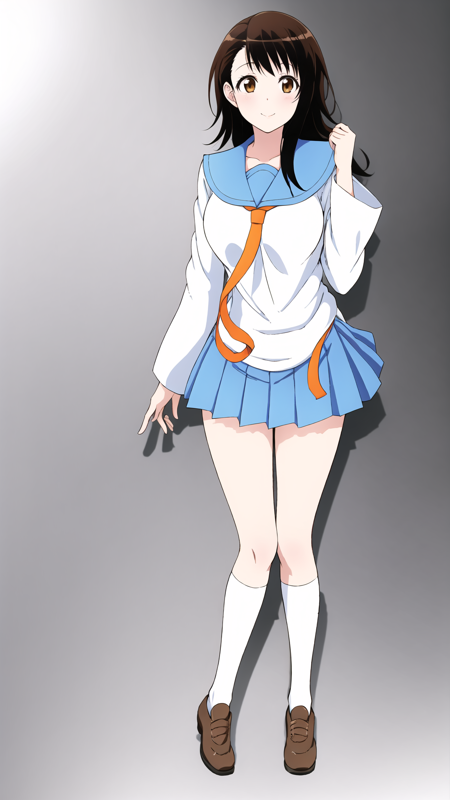 onodera_kosaki, 1girl, solo, long hair, skirt, brown hair, brown eyes, school uniform, pleated skirt, shoes, serafuku, socks, blue skirt, kneehighs, white socks, necktie, orange necktie, sailor collar, blue sailor collar, collarbone, shirt, white shirt, miniskirt onodera_kosaki, 1girl, solo, blush, brown hair, black hair, cleavage, bare shoulders, brown eyes, medium breasts, collarbone, swimsuit, one-piece swimsuit, covered navel, school swimsuit, blue one-piece swimsuit, competition school swimsuit, one-piece swimsuit pull, barefoot