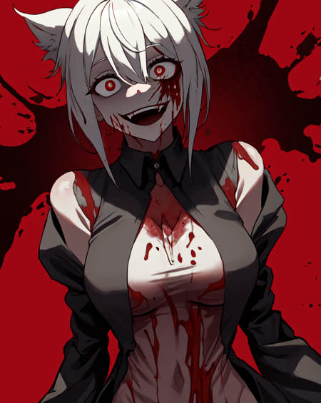 masterpiece, best quality, <lora:last-000005:0.6>, yameroyandere, (crazy smile:1.2), crazy eyes, yandere, red background, constricted pupils, red eyes, blood on face,