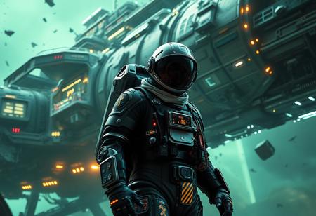 A cinematic shot of an alien astronaut in a vibrant metallic black spacesuit standing in the foreground, with a massive, spacecraft as the backdrop. The spacecraft is adorned with numerous lights, windows, and technical details. The astronaut's suit is equipped with various gadgets and patches. The atmosphere is filled with floating debris and a hazy chartreuse glow