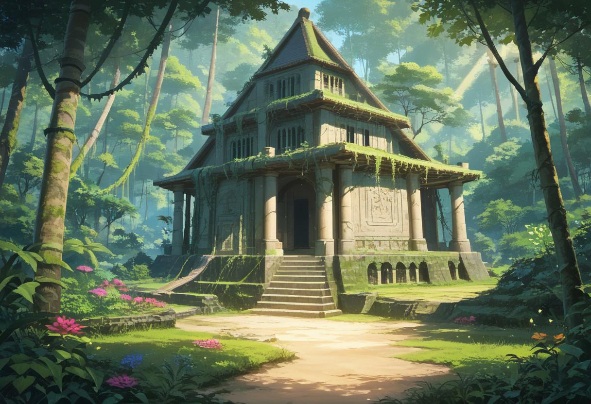 score_9, score_8_up, score_7_up, source_anime, best quality, masterpiece, ultra detailed, landscape, ancient temple, jungle, blooming vines, moss-covered stones, hidden secrets, vibrant flowers, glowing light, enchanted aura, mysterious past, adventure story, breathtaking background, peaceful sanctuary