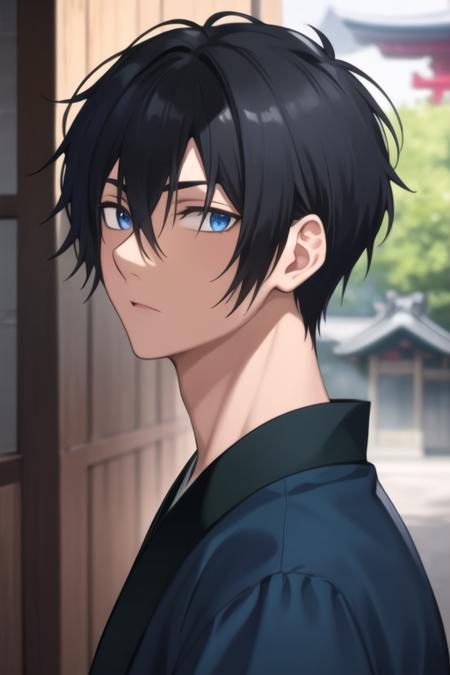 son-hak black hair blue eyes hair between eyes japanese clothes