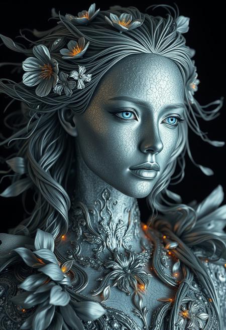Silver statue of a woman, her skin composed of delicate, textured silver flakes, with chrome and glass flowers intricately woven into her hair, her eyes gleaming with a warm, bluish light, wearing a majestic, windy-blown ornate gown with tattered, silver petals, reminiscent of a dark, dystopian world, her face and shoulders illuminated by a soft, ambient glow, as if radiating an otherworldly energy, in the styles of Royo's dark, mystical realism, Artgerm's hyper-detailed, metallic sheen, and Lovecraft's eerie, atmospheric tension, with meticulous attention to intricate textures, dramatic shading, and a sense of haunting, ethereal beauty.
