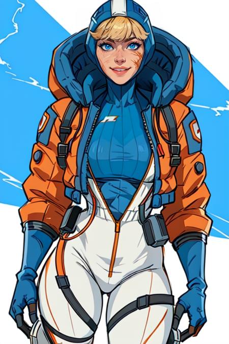 masterpiece,best quality,extreme detail,8k,white background,<lora:wattson:0.8>,wattson,1girl,solo,breasts,smile,bangs,blue eyes,blonde hair,gloves,jacket,hood,sketch,looking to the side,bodysuit,scar,own hands together,hooded jacket,white border,scar on face,blue headwear,blue gloves,electricity,scar on cheek,white bodysuit,blue bodysuit,orange jacket,lightning bolt symbol,ribbed bodysuit,hooded bodysuit,