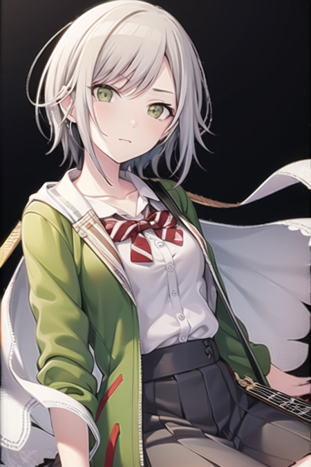 <lora:ShihoV3-07:0.7> , hinoshiho, 1girl, solo, looking at viewer, short hair, skirt, simple background, shirt, long sleeves, bow, closed mouth, school uniform, green eyes, collarbone, jacket, white shirt, grey hair, pleated skirt, open clothes, striped, collared shirt, bowtie, black skirt, red bow, open jacket, dress shirt, black background, instrument, red bowtie, green jacket, guitar