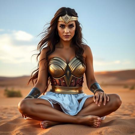 Wonder woman amazon build white greek dress detailed, attractive, daytime, desert, (masterpiece), best quality, expressive eyes, perfect face, barefoot, feet, foot, foot focus, realistic, detailed, 8K, HDR, UHD, perfect feet, 5 toes, show feet, foot_sit, feet pose, foot_sit,