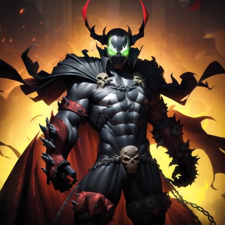 spawn, male focus, solo, glowing eyes, glowing, muscular, abs, red cape, skull, green eyes, chain, muscular male, looking at viewer, pectorals, loincloth, gauntlets, skull mask, claws  <lora:spawn:1>