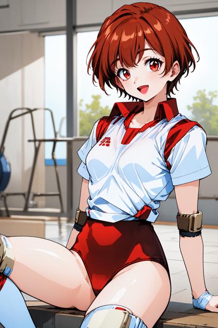 yamazaki_ryuko, red eyes, brown hair, short hair, bangs, elbow pads, sportswear, short sleeves, red buruma, knee pads,