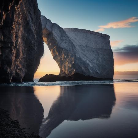 Reflections of cliffs over an ocean, at dawn, 8k uhd, dslr, soft lighting, high quality, film grain, Fujifilm XT3 <lora:Reflections-000300:0.8>