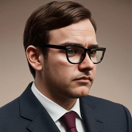 man, glasses with slightly round and transparent frame, curly brown hair, slightly round oval face, suit, image from top to bottom, realistic, slightly dark environment