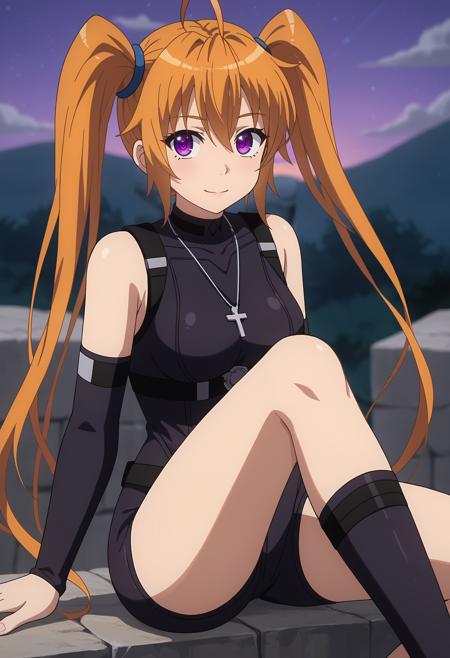 long hair, twintails, orange hair, purple eyes, ahoge IrinaSchool,black capelet, striped shirt, white shirt, neck ribbon, black ribbon, long sleeves, black corset, buttons, pleated skirt, purple skirt, bike shorts, shorts under skirt IrinaBodysuit, black bodysuit, bare shoulders, cross necklace, detached sleeves, black belt, arm belt