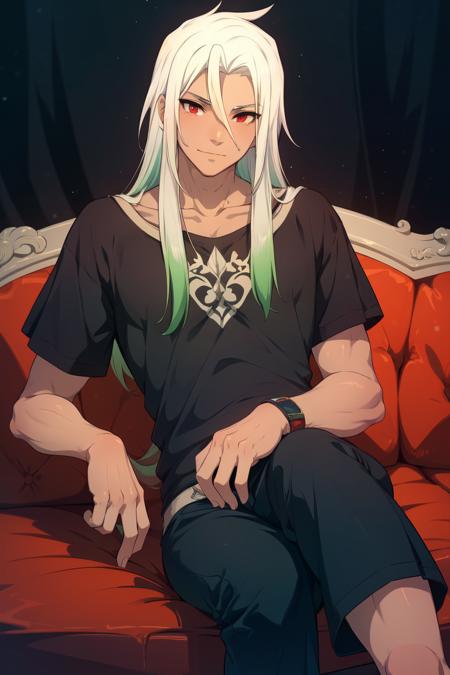 Zaveid 1boy, dark-skinned male, two-tone hair, white hair, green hair, long hair, red eyes White intricate tribal tattoo