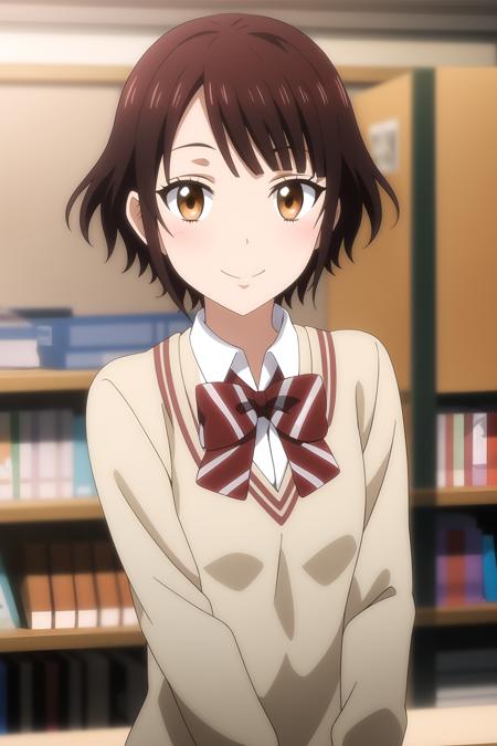 1girl, bangs, blurry, blurry background, blurry foreground, bookshelf, bow, bowtie, brown eyes, brown hair, classroom, depth of field, indoors, long sleeves, looking at viewer, smile, red bow, red bowtie, school uniform, shirt, short hair, solo, striped, striped bow, striped bowtie, white shirt, miyabi_ito