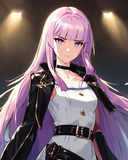 <lora:e7 Lilias2:1> e7 Lilias, lilac hair, lilac eyes, small breasts, (very long hair), choker, (hair ties), wearing a cape, leather wide black belt with tasks, white clothes, side button,
(masterpiece),  best quality, highres, 4k, 8k, Detailed Illustration, intricate detail, cinematic lighting, amazing quality, 1girl, fit female, amazing shading, soft lighting, facing camera, perfect eyes,