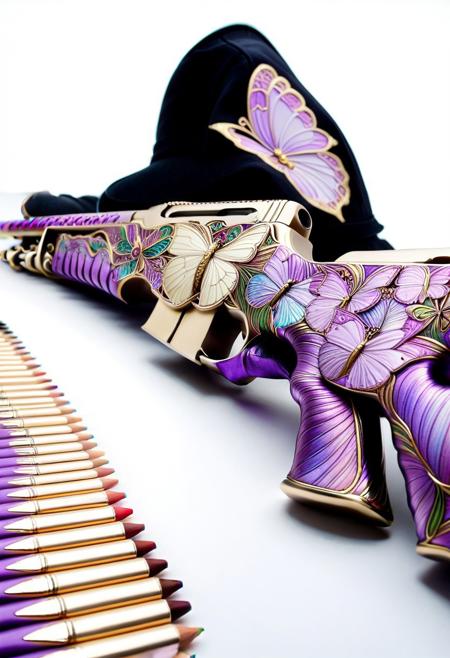 butterflyStyle,
purple butterflyStyle, 
A photograph depicts a close-up of a hand drawing a detailed, (a Art Nouveau awpskins morphing into iridescent butterfly wings) line sketch of a rifle on white paper, holographic display with technicolor patterns, chrome metal plating transforming into delicate wing membranes, goldwork eggplant color theme, intricate pattern, detailed goldwork, Art Nouveau style, focus on gloves, The hand, with medium skin tone, holds a metallic pencil. The rifle design includes a long barrel, a stock, and a visible magazine. The lines are clean and precise, indicating careful attention to detail. The background is out of focus, emphasizing the drawing.