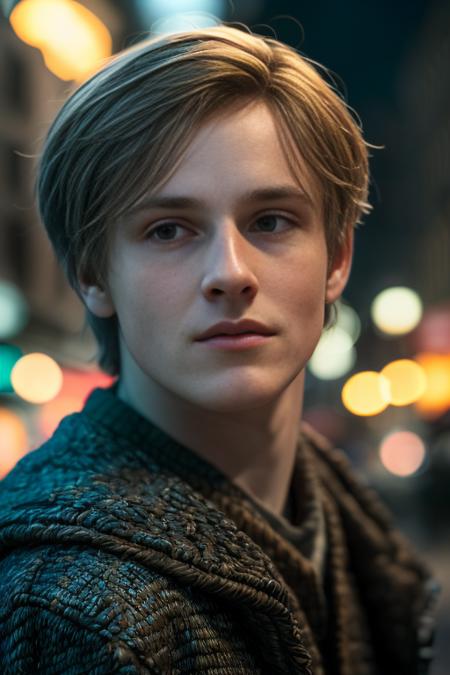 a young man,a close up of <lora:L0u1sHfmn:0.95>  in street , masterpiece,realistic, 4k, detailed, of seul in the night, highly detailed face, f2.8,denoise, dof, hogwartsuniform, blur background,