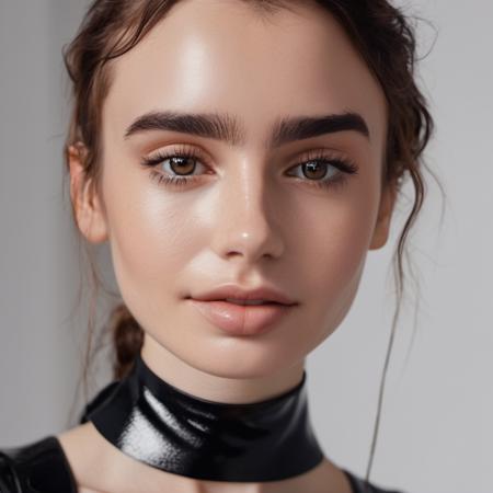 Portrait photo of a woman with wet-looking lips wearing a tight thin leather choker and lip-gloss, Nikon Z9, realistic matte skin, skin texture visible, (sharp focus), (high quality)