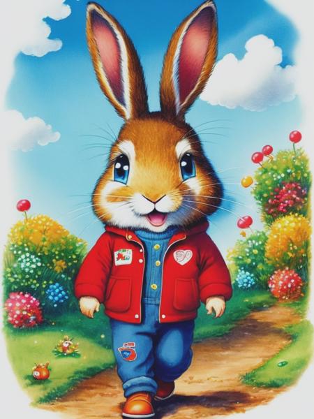 <lyco:RichardScarry:1.0> A character of a cute 3 year old bunny with blue eyes, walking, dressed in a red jacket and blue overall. Immaculate white background. Illustration by Richard Scarry.