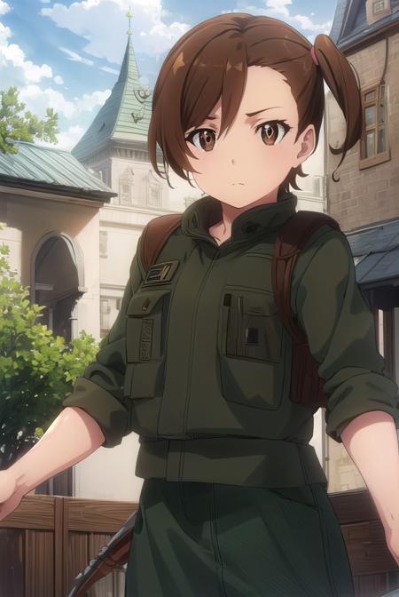 shinokuribayashi, <lora:shino kuribayashi s1s2-lora-nochekaiser:1>,
shino kuribayashi, short hair, brown hair, (brown eyes:1.7), side ponytail,
BREAK uniform, military, military uniform, (green uniform:1.5),
BREAK outdoors, forest, nature, sun, sky, clouds, trees, grass,
BREAK looking at viewer, (cowboy shot:1.5),
BREAK <lyco:GoodHands-beta2:1>, (masterpiece:1.2), best quality, high resolution, unity 8k wallpaper, (illustration:0.8), (beautiful detailed eyes:1.6), extremely detailed face, perfect lighting, extremely detailed CG, (perfect hands, perfect anatomy),