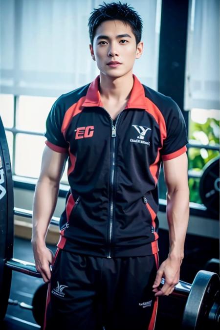 best quality, ultra high res, (photorealistic:1.4),bust shot,gym,1boy,standing,gym suit ,yangyang,(looking at viewer), (closeup) <lora:Chinese male idol V3.1-000003:0.6>