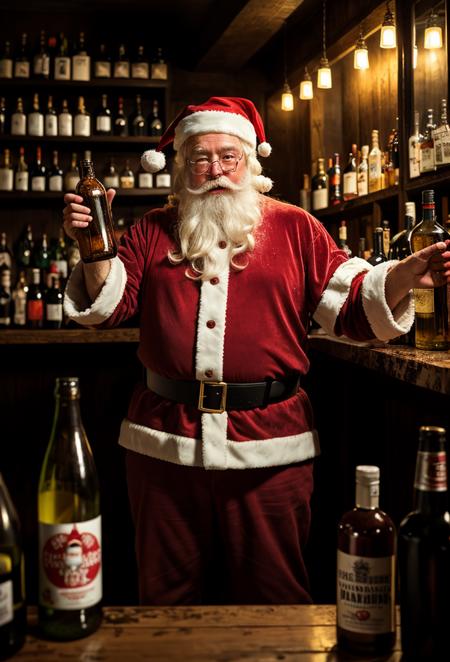 drunk, creepy santa, muddy, crowded bottles bar, intricate details, hdr, intricate details, hyperdetailed, cinematic, dark shot, muted colors, film grainy, soothing tones, muted colors, technicolor