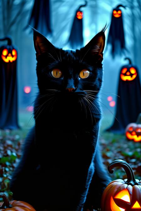 black cat, detailed fur,detailed cat eyes,leica camera style, a highly detailed, high quality analog film photo of a beautiful black cat with brightly lit eyes, taken at night, on All Hallow's Eve.  Ghostly shapes mill about in the background, giving the photo an unsettling look and feel. outdoors, realistic, no humans, animal,night,detailed cat, cinematic photo  . 35mm photograph, film, bokeh, professional, 4k, highly detailed, epic cinematic shot of dynamic  in motion. main subject of high budget action movie. raw photo, motion blur. best quality, high resolution, cinematic still  . emotional, harmonious, vignette, highly detailed, high budget, bokeh, cinemascope, moody, epic, gorgeous, film grain, grainy