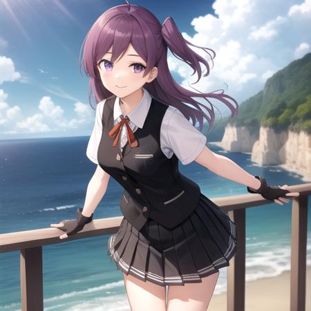 ((masterpiece)),(best quality),official art,extremely detailed CG,unity 8k wallpaper,ultra detailed,A lighthouse on a cliff by the sea,1girl,solo,cowboy shot,long_hair,purple_hair,one_side_up,ahoge,red_ribbon,pleated_skirt,fingerless_gloves,neck_ribbon,white_shirt,black_skirt,blouse,black_vest,short_sleeves,smile,socks,buttons,purple_eyes,kneehighs,black_gloves,medium breasts,school_uniform,looking_at_viewer,<lora:hagikaze(kan)>,