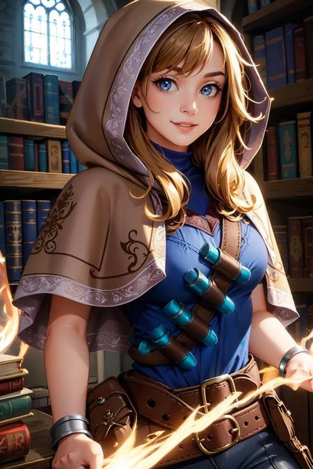 spellthieflux hood, capelet, blue shirt, belt, bracelet, glowing, brown pants boots