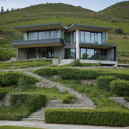 a single house on a hill, the house is entirely made of an element from the Periodic Table, high detail, hdr, elemental garden, complex house design