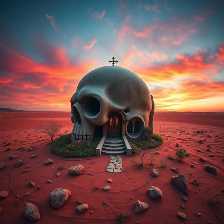 wide angle landscape image of an intricately designed, gothic-inspired house shaped like a human skull, with a grand, ornate entrance in its mouth and two circular windows resembling eyes, stands alone in a dry red dusty plain littered with jagged rocks. The  house's surface adorned with subtle, eerie carvings and intricate stonework, a neat garden surrounds the house, adorned with vibrant, curly vines and exotic flowers, as the sky above is set aflame by a vivid, pink-orange-purple sunset, casting a warm, golden glow over the entire scene