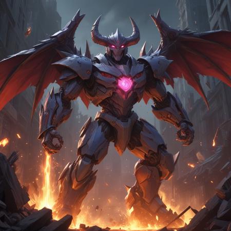 a full body of a robot on a city, dangerous mephisto from faust, discord profile picture, warm color scheme, ebay listing thumbnail, from transformers, long spikes, proportions off, very accurate coherent image, corrected hand, ebay listing, shattered, abomination, omega, heavily armed, this is fine in game of thrones, vibrant, intricate, epic lighting, cinematic composition, hyper realistic, 8 k resolution, unreal engine 5, by artgerm, tooth wu, dan mumford, beeple, wlop, rossdraws, james jean, andrei riabovitchev, marc simonetti, artstation