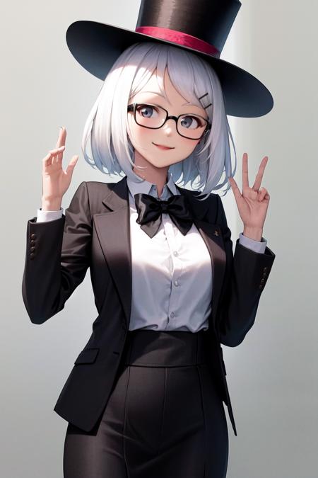 masterpiece, best quality, highres, 1girl glasses hairclip <lora:kyouko_okitegami_no_outfit:1> black jacket white shirt, suit, smile, top hat