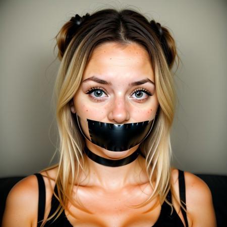 a 24-year-old Caucasian woman with blond hair posing with a large, wide black tape gag