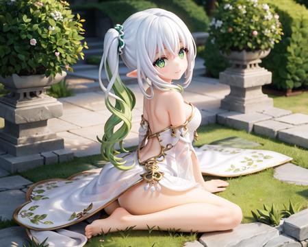 1 girl, solo, highres, looking at viewer, masterpiece,best quality, extremely detailed, perfect lighting, sunny, light tracing, detailed beautiful face, looking at viewer, white dress, see-through, thights, braid, sidelocks, pointy ears, side ponytail, multicolored hair, white hair, green hair, gradient hair, green eyes, symbol-shaped pupils, bare shoulders, smile, white bloomers, soft shadow, sitting, barefoot, bare legs, from above, from behind, hands above head, garden, <lora:nahidaGenshinImpactV1:0.5>, extremely delicate and beautiful, depth of field,amazing,masterpiece,growth,visual impact, ultra-detailed, highly, Amazing finely detail, (fine and beautiful detailed skin:1.2),(shiny:1.3),(Oil highlights:1.4)[wet with oil:0.6],(shiny skin:1.4), gorgeous,fantasism,nature,refined rendering,original,contour deepening,high-key and low-variance brightness scale,soft light,light and dark interlaced hair,full body