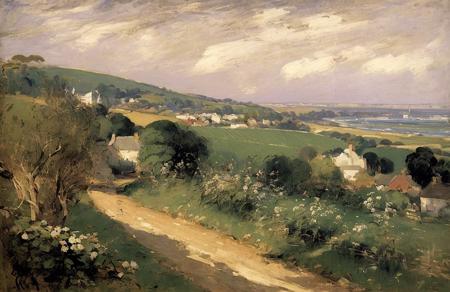 (style of Charles Conder:1.1), scenery,scene painting,a painting, orchard ,farm ,hedgerow, Ria Coast ,
