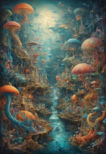 surreal landscape, fantastical creatures, vivid colors, intricate patterns, futurism, classical art, harmonious coexistence, emotional resonance, storytelling, otherworldly, balance, chaos, order, reality, fantasy, breathtaking, unique masterpiece, high detail, imaginative, dreamlike, ethereal atmosphere, luminous, awe-inspiring, timeless beauty