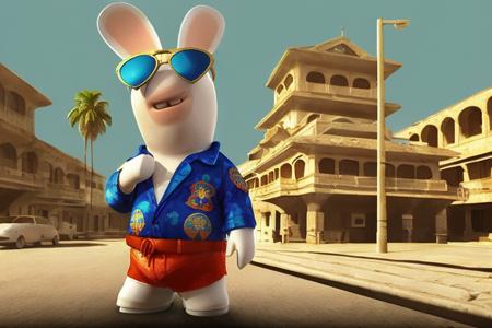 (wearing a blue Hawaiian shirt and sunglasses:1.3), (rabbit ears, standing, full body:1.3), GTA Vice City, Miami 1980s in the background, (Synthwave:1.3) <lora:Raving Rabbids:1> Raving Rabbids, no human, (foggy background, epic realistic, rutkowski, hdr, intricate details, hyperdetailed, cinematic, rim light, muted colors:1.2), faded, depth of field, complex background, dramatic light, rutkowski, intricate digital art, soothing tones,(cartoon:0.3), (art:1.4), epic realistic, faded, neutral colors, (hdr:1.4), (muted colors:1.4), (intricate), (artstation:1.99), dramatic, intricate details, (technicolor:0.9), detailed, intricate, cinematic, detailed