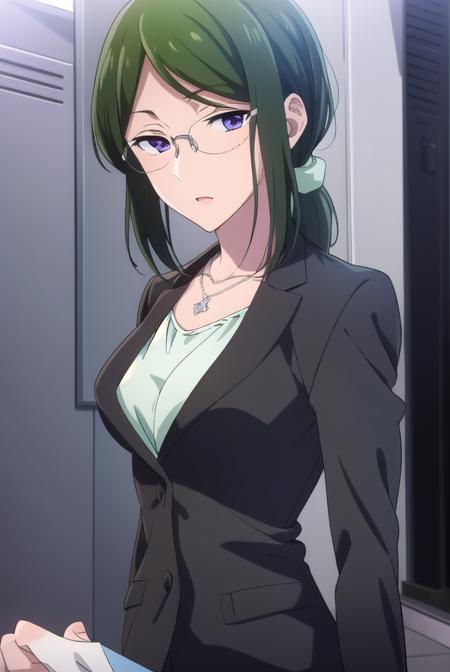 hanakokoyanagi, <lyco:hanakokoyanagi-lyco-nochekaiser:1>,
hanako koyanagi, green hair, low ponytail, (purple eyes:1.1), glasses,
BREAK skirt, pantyhose, necklace, formal, suit, pencil skirt, skirt suit,
BREAK looking at viewer,
BREAK indoors,
BREAK <lora:GoodHands-vanilla:1>, (masterpiece:1.2), best quality, high resolution, unity 8k wallpaper, (illustration:0.8), (beautiful detailed eyes:1.6), extremely detailed face, perfect lighting, extremely detailed CG, (perfect hands, perfect anatomy),