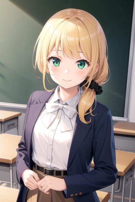 ((masterpiece)),(best quality),official art,extremely detailed CG,unity 8k wallpaper,ultra detailed,beautiful detailed eyes,extremely detailed face,classroom,1girl,solo,upper body,(portrait:1.5),looking at viewer,facing viewer,smile,ellen baker,long hair,blonde hair,hair over shoulder,hair scrunchie,sidelocks,bangs,green eyes,blue coat,open coat,bowtie,white shirt,long sleeves,small breasts,brown belt,brown skirt,black pantyhose,high heels,black footwear,<lora:Ellen Baker(alt)>,