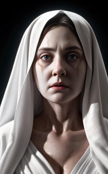 Hyperrealistic art A breathtaking image of a ghostly woman in white robes, closeup, macro, highly detailed, high quality surreal image, movie poster style . Extremely high-resolution details, photographic, realism pushed to extreme, fine texture, incredibly lifelike