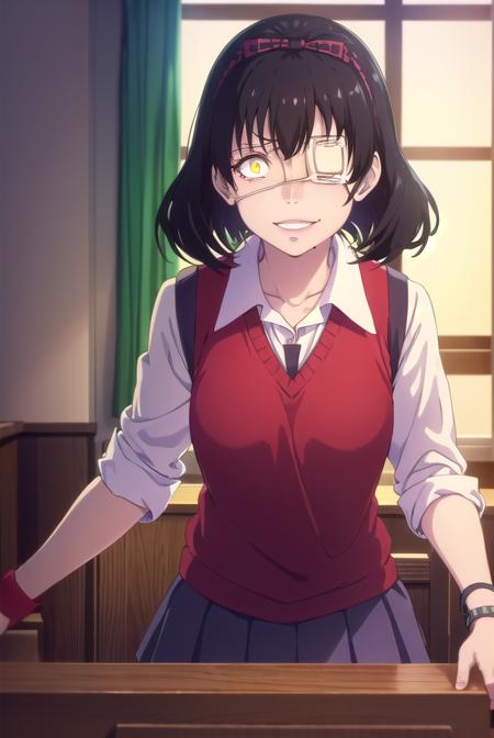 midariikishima, <lora:midari ikishima s2-lora-nochekaiser:1>,
midari ikishima, short hair, black hair, hairband, mole, (eyepatch:1.5), mole under mouth, smile, (yellow eyes:1.2), grin,
BREAK skirt, shirt, school uniform, pleated skirt, bandages, wristband, sweater vest, (red sweater vest:1.3),
BREAK indoors, classroom,
BREAK looking at viewer, (cowboy shot:1.5),
BREAK <lyco:GoodHands-beta2:1>, (masterpiece:1.2), best quality, high resolution, unity 8k wallpaper, (illustration:0.8), (beautiful detailed eyes:1.6), extremely detailed face, perfect lighting, extremely detailed CG, (perfect hands, perfect anatomy),