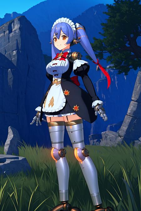 <lora:hanajkV1:0.8>,hanajkmaid,1girl,robot joints,robot,robot spikes ears,blue high twintails,long hair,purple hair,blue hair,whihte maid headdress,red long hair ribbon,orange eyes,game3d style||red bowtie,large breasts,long juliet sleeves,white maid apron black short dress,white thighhighs with gold trim,oragnge garter straps,outdoors,panties,smile,, Exquisite visuals, high-definition,masterpiece,best quality,Exquisite visuals,high-definition,masterpiece,best quality,18yo,Young female,Beautiful Fingers,Beautiful long legs,Beautiful body,Beautiful character design,