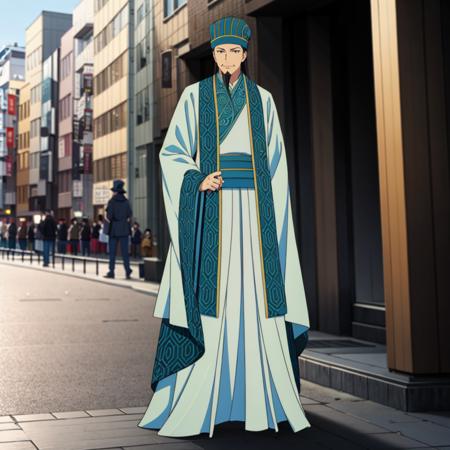 komei,1man, blue headwear, chinese clothes, hand fan,