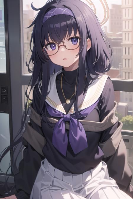 uikozeki, <lyco:uikozeki-lyco-nochekaiser:1>,
ui kozeki, bags under eyes, black hair, (purple eyes:1.5), glasses, halo, long hair, red-framed eyewear,
BREAK black pantyhose, black undershirt, blue hairband, blue neckerchief, brown cardigan, brown sweater, cardigan, hairband, long sleeves, messy hair, neckerchief, pantyhose, sailor collar, school uniform, serafuku, sweater, white sailor collar, white serafuku, skirt, long skirt,
BREAK looking at viewer,
BREAK indoors, classroom,
BREAK <lyco:GoodHands-beta2:1>, (masterpiece:1.2), best quality, high resolution, unity 8k wallpaper, (illustration:0.8), (beautiful detailed eyes:1.6), extremely detailed face, perfect lighting, extremely detailed CG, (perfect hands, perfect anatomy),