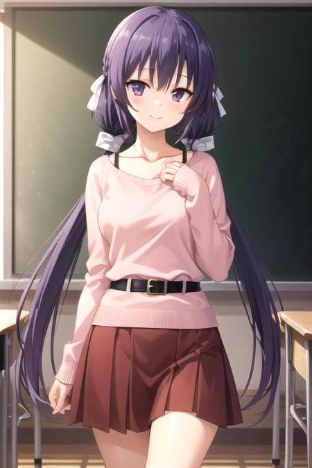 Itsuki Shishi Hime no Mikoto very long hair,purple hair, high twintails,hair ribbon,white ribbon,sidelocks,bangs,purple eyes collarbone,pink sweater,long sleeves,medium breasts,belt,red skirt,bare legs,brown footwear