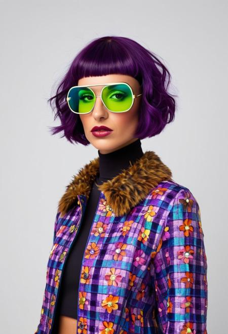This is a photograph featuring a person with a striking, avant-garde aesthetic. The subject has a bold, vibrant look. They are wearing a bright purple bob haircut, styled in a blunt, geometric shape. The person's face is covered by a pair of neon green, futuristic, visor-like sunglasses, which have a smooth, glossy finish and are slightly curved to fit the face. 
The individual's lips are painted a deep, rich purple, matching the color of their hair. The image is a high-resolution photograph featuring a poised woman standing against a plain white background. She is dressed in a vibrant, intricately patterned, long-sleeved top with a high neckline and a fitted black mini dress. The top is adorned with an elaborate, colorful, and intricate design featuring a mix of floral, geometric, and abstract patterns in shades of red, green, blue, yellow, and orange. The image is a photograph of a young woman standing indoors, dressed in a vintage-inspired outfit. She has wavy, dark hair styled in soft curls and adorned with a decorative hair accessory featuring a small, colorful flower. She wears a plaid jacket with a faux fur collar, predominantly in shades of blue, brown, and white. The jacket is buttoned up, revealing a white shirt underneath.