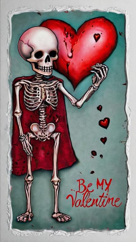 an artists interpretive depiction of a bloody valentine with the text ("BE MY VALENTINE":1.1), (japanese tattoo art style, new school tattoo art style:1.2), (a cute macabre adult valentine's day card:1.1), breathtaking, a hyperdetailed digital ink painting, high contrast, accentuated luminosity and intricate details surreal and majestic atmosphere, award-winning, professional, highly detailed, high quality, 8k, extremely detailed oil painting, multicolored, unreal 5 render, digital art, 8K artistic photography, octane render, beautiful composition, award-winning photograph, masterpiece, cute, skulls, skeletons, cartoon, love, hearts BREAK (a cute macabre adult valentine's day card with the text "BE MY VALENTINE":1.3), ("BE MY VALENTINE":1.3)