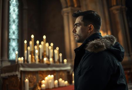 professional photo, side view photo of Caucasian man in kneeling in front of an altar covered with candles, wearing a dark blue parka, serious face, contemplative expression, dark features, dramatic lighting, in a dim cathedral interior, lit by candles